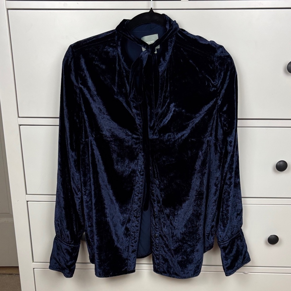 Anthropologie Maeve Velvet Blouse in Deep Blue with Bow Tie - 10